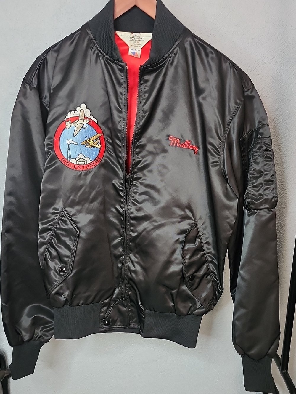 Black Satin Bomber Jacket with Red Lining